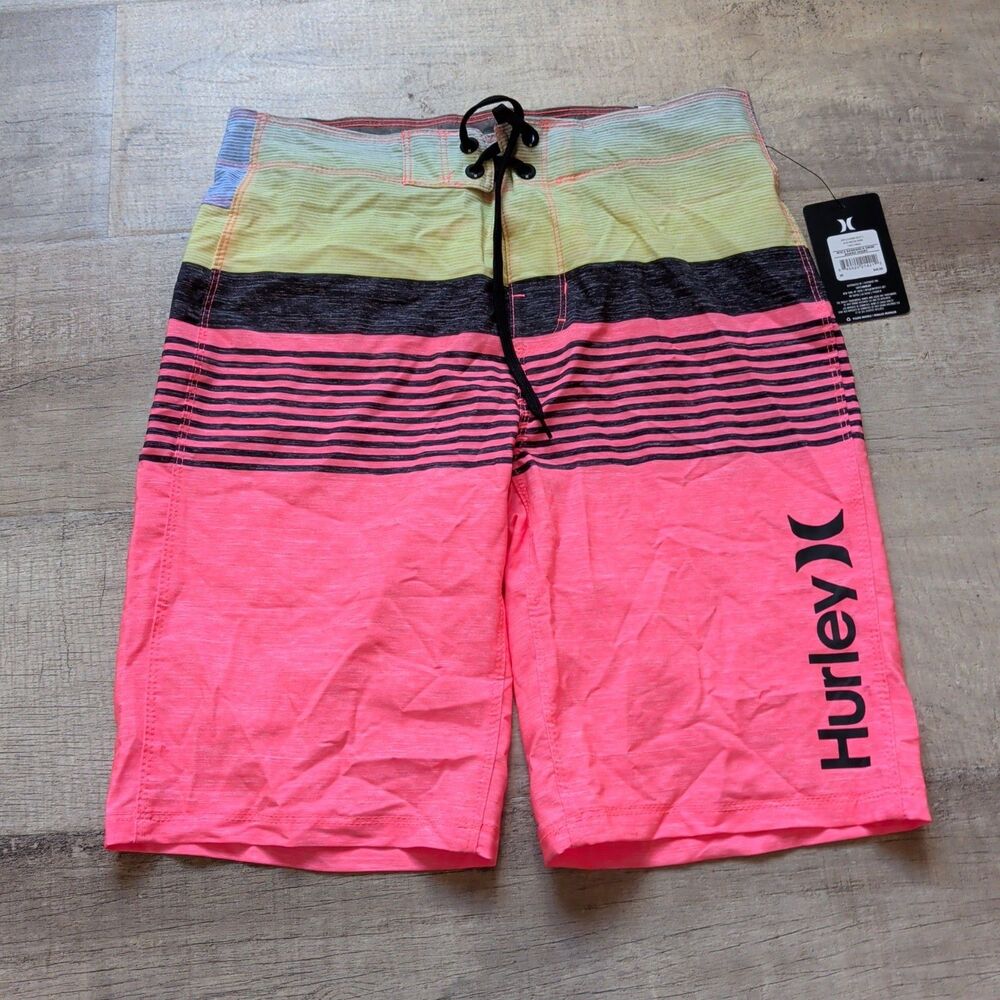Hurley Mens Swim Trunks Striped Size 28 Pink Black Yellow